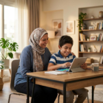 Pakistani parent helping a child use a tablet safely at home.