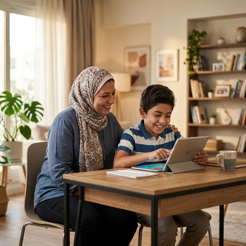 Pakistani parent helping a child use a tablet safely at home.